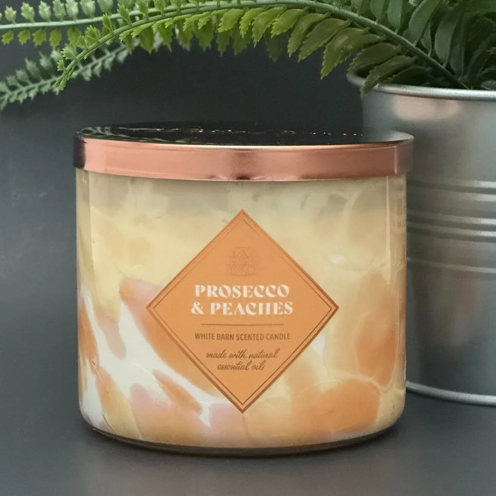 BBW Prosecco & Peaches White Barn Bath & Body Works 3 Wick Candle - Picture 1 of 10